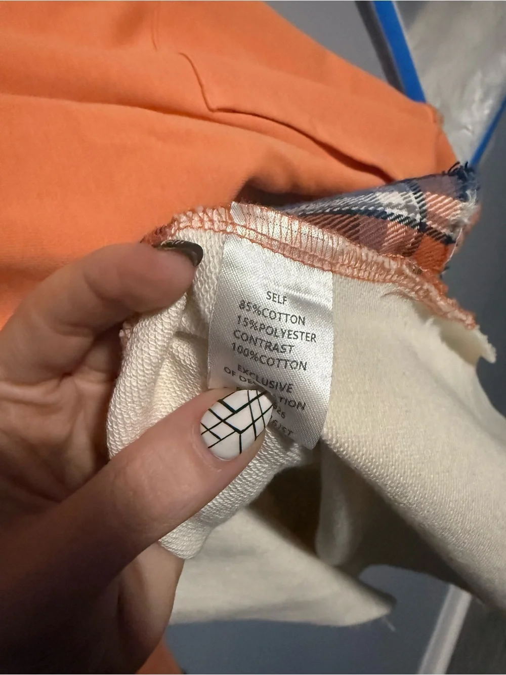 Blue Velvet Plaid Hooded Pullover Top - Orange & Cream XL Oversized